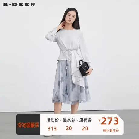 sdeer圣迪奥女装圆领收腰晕染网纱长袖连衣裙S223Z12AP图片