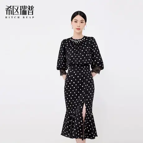 希区瑞普连衣裙春夏款收腰复古波点蕾丝后背开叉鱼尾法式黑色裙子图片