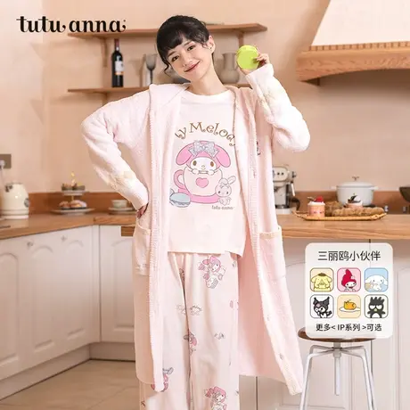 tutuanna联名款美乐蒂家居服睡衣女款萌耳朵毛毛纱秋冬长款睡袍女图片