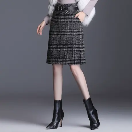 毛呢中裙半身裙女2023新款高腰格子包臀裙短裙显瘦一步裙秋冬裙子图片