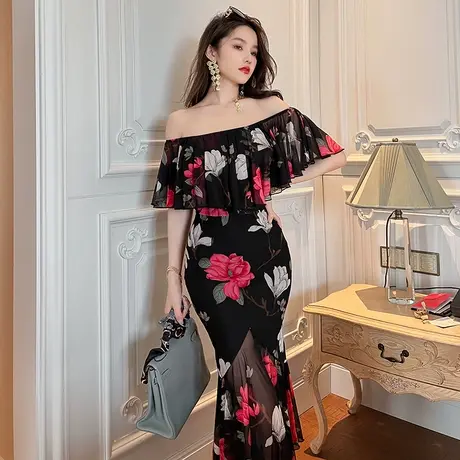 气质轻奢温柔风抹胸一字肩连衣裙女网纱收腰印花减龄鱼尾包臀裙子图片