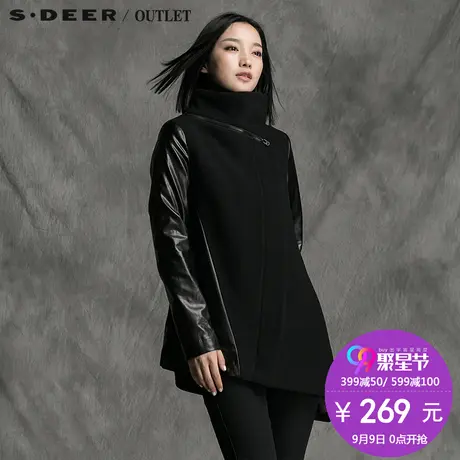 sdeer圣迪奥2017秋装时尚PU拼接A字斜襟不规则毛呢外套S15381749图片