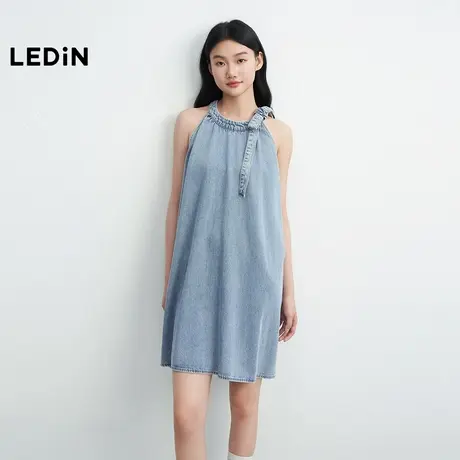乐町无袖怀旧复古牛仔连衣裙女2025年夏季新款蝴蝶结领口甜美裙子图片