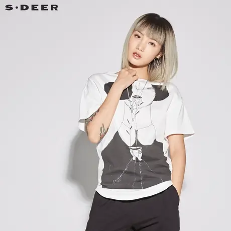 sdeer 圣迪奥女典雅素白圆领人物印花短袖T恤S18280160商品大图