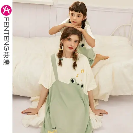 芬腾睡裙女纯棉夏季短袖亲子装中长裙可爱韩版母女卡通家居服睡衣图片