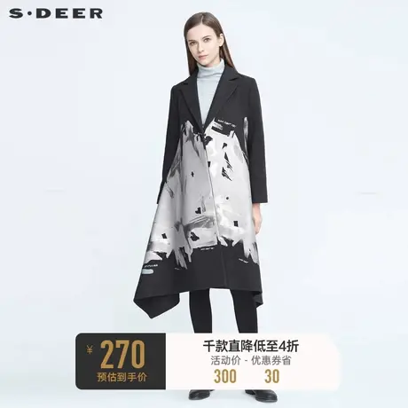 sdeer圣迪奥女装平驳领涂鸦印花A字不规则长款毛呢大衣S20481840图片