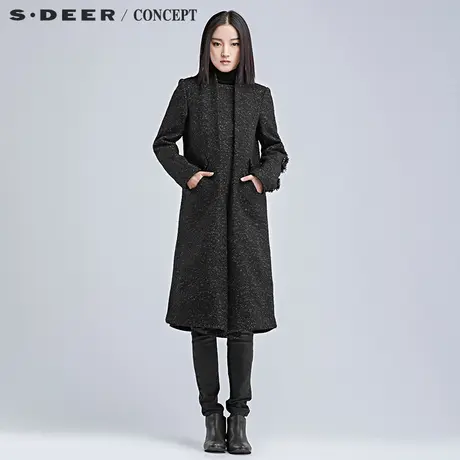 sdeer圣迪奥假两件大衣 女装暗黑花朵装饰毛呢大衣S16481878图片