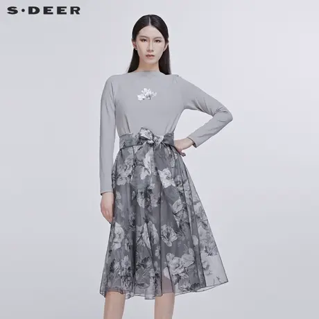 sdeer圣迪奥女装春秋装长袖收腰印花欧根纱拼接连衣裙S20181219图片