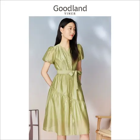 【天丝系列】Goodland美地女装2023夏季V领系带泡泡袖连衣裙图片