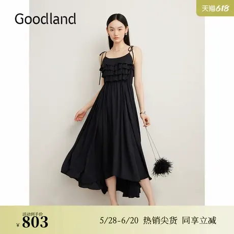 Goodland美地夏季法式小黑裙收腰吊带连衣裙图片