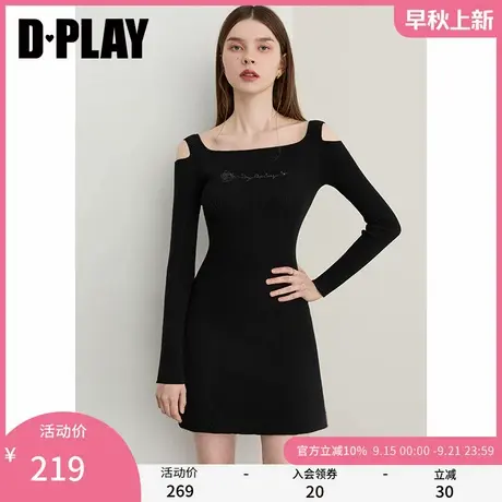 DPLAY2025年秋季新款黑色连衣裙女气质露肩修身针织裙子长袖短裙图片