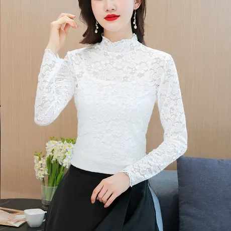 白色蕾丝上衣女夏季新款修身西装内搭打底衫半高领短款外穿长袖仙商品大图