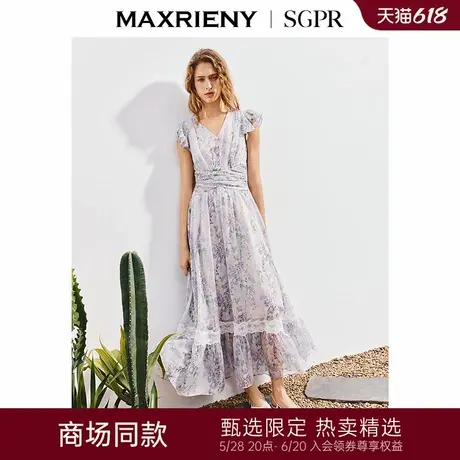 【商场同款】MAXRIENY优雅度假风飞袖收腰印花连衣裙田园风茶歇裙图片