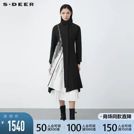 sdeer圣迪奥冬装新款时尚高领字母印花不规则毛呢大衣女S21481859图片