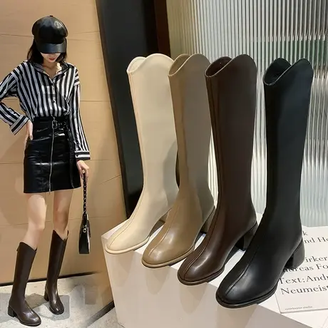 爆款长筒靴女显瘦法式高筒女靴子2023新款秋冬季百搭粗跟高跟长靴图片