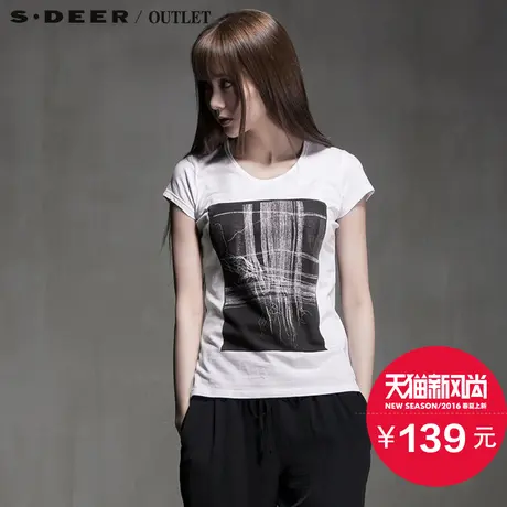 s.deer圣迪奥女装休闲舒适现代印花短袖T恤S15280108商品大图