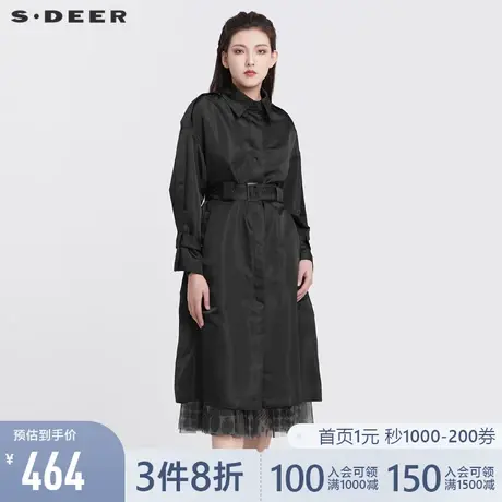 sdeer圣迪奥女装22新款翻领收腰直筒黑色长款风衣外套S22161806图片