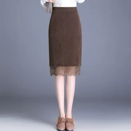 小个子高腰显瘦毛线半身裙女2023秋冬新款气质蕾丝边中长款包臀裙图片