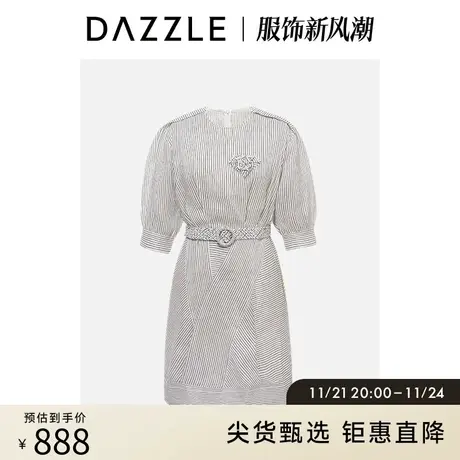 DAZZLE地素奥莱 春夏法式贴布装饰亚麻混纺条纹短袖连衣裙女图片