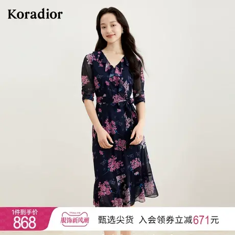 珂莱蒂尔新款黑色复古印花连衣裙女中长款法式优雅修身气质裙子女图片