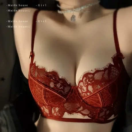 红色蕾丝内衣套装女法式性感透明胸罩内裤本命年新婚薄款纯欲文胸商品大图