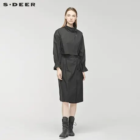 sdeer圣迪奥休闲高领抽绳收腰搭片元素松紧袖口黑色风衣S19381825图片