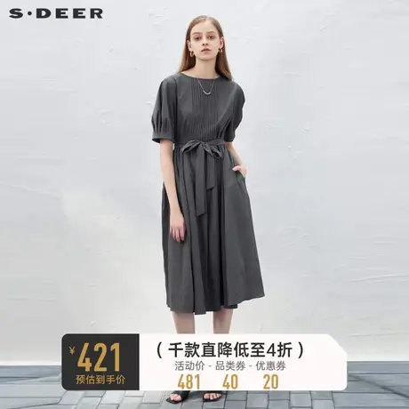 sdeer圣迪奥女装休闲圆领风琴褶收腰短袖连衣裙S232Z12LN图片