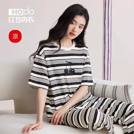 红豆短袖睡衣女A类棉凉感黑白条纹空调服大码宽松外穿家居服套装图片