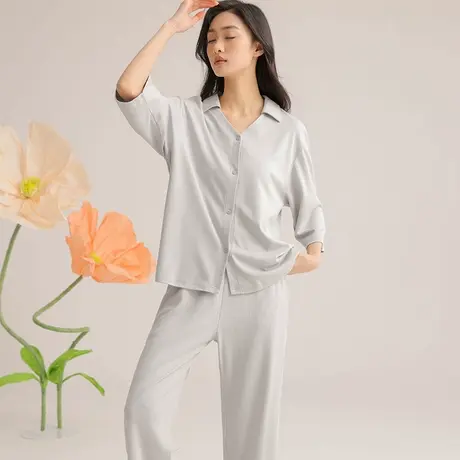 女士翻领空调房时尚家居服套装春秋季七分袖长裤休闲纯色简约睡衣图片