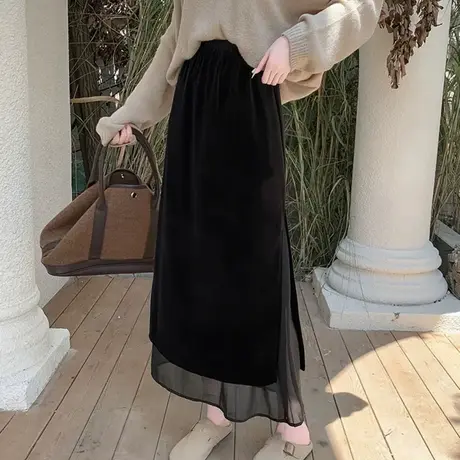 黑色半身裙女2025新款秋季今年流行垂感简约休闲a字网纱丝绒裙子图片