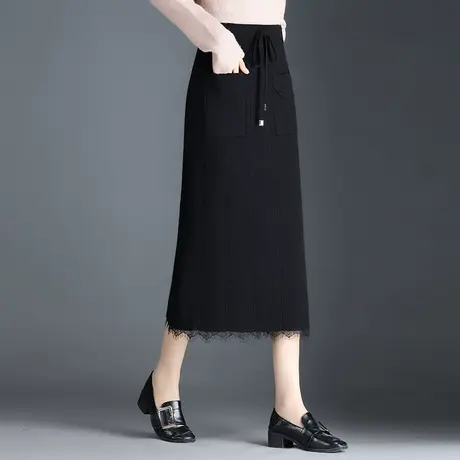 黑色直筒针织裙半身裙女秋冬2023新款包臀裙中长显瘦毛线一步裙子图片