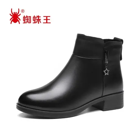 蜘蛛王短靴女英伦风2021新款秋季加绒保暖平底真皮侧拉链软皮女靴图片