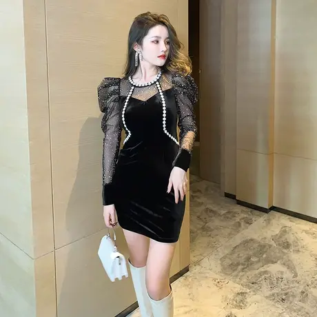 2024新款年会小礼服女宴会气质平时可穿网纱泡泡袖高腰丝绒连衣裙图片