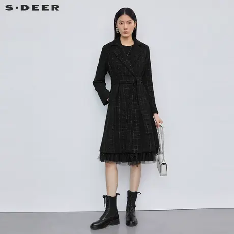 sdeer圣迪奥女装秋款翻领肌理格纹收腰网纱冬季毛呢大衣S223Z1853图片