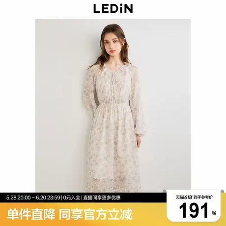 乐町木耳边V领碎花连衣裙年秋季新款浅咖温柔风飘逸长袖连衣裙图片