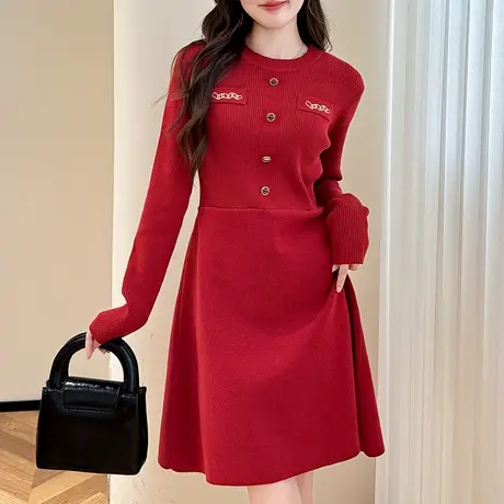 唐狮秋冬长袖连衣裙氛围感显瘦圆领套头连衣裙女高级感减龄TM图片