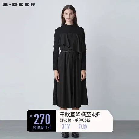 sdeer圣迪奥女装春装半高领拼接收腰不规则连衣裙S221Z1282图片