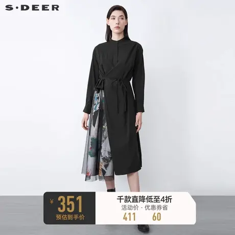 sdeer圣迪奥冬圆领收腰撞色印花网纱拼接连衣裙S21481229图片