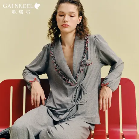 歌瑞尔时尚撞色荷叶边睡衣女款2025年秋季可外穿柔软棉家居服套装图片