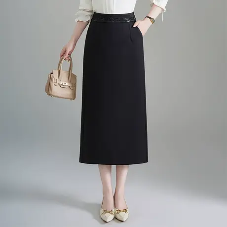 气质通勤女士包臀裙2025秋季新款高腰显瘦中长款开叉直筒半身裙子图片
