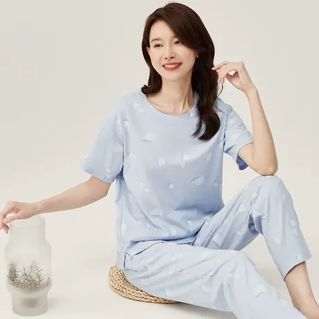顶瓜瓜夏季睡衣女款纯棉短袖长裤印花薄款可外穿家居服套装图片