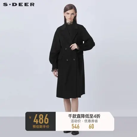 sdeer圣迪奥秋冬翻领双排扣泡泡袖长款毛呢大衣S21461827图片