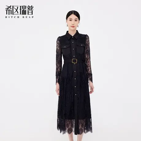 希区瑞普春款复古衬衫领重工蕾丝腰带优雅气质连衣裙收腰气质裙子图片