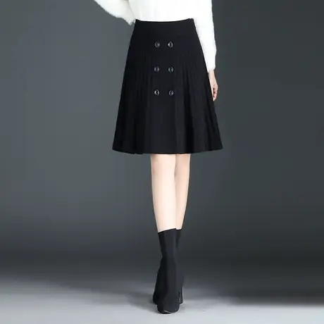 黑色双排扣针织毛线裙a字裙女秋冬2023新款半身裙休闲百褶短裙子图片