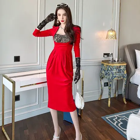 女装本命年红色连衣裙新年圣诞裙法式拼接蕾丝抹胸年会礼服裙宴会图片