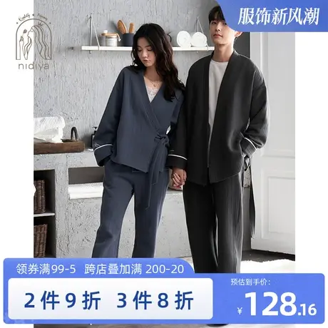 妮狄娅情侣睡衣女秋纯棉长袖加厚夹层日式和服男秋冬款家居服套装图片