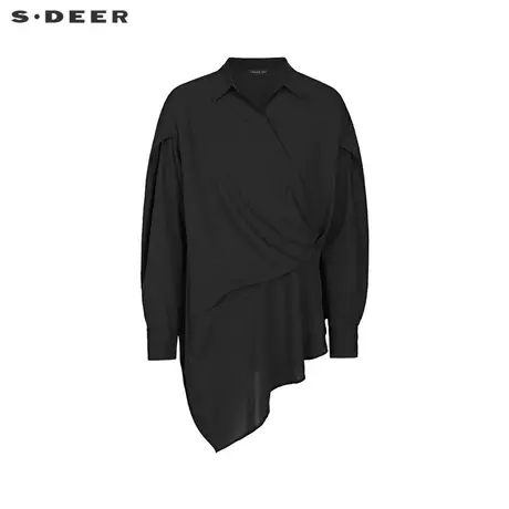 sdeer圣迪奥女装2022新款通勤风翻领不规则拼接黑色衬衫S22160512图片