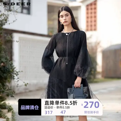sdeer圣迪奥女装静奢风圆领肌理收腰网纱连衣裙S24161210图片