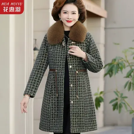 中年妈妈冬装毛呢外套洋气高贵2022新款中老年女春秋大衣格子风衣商品大图