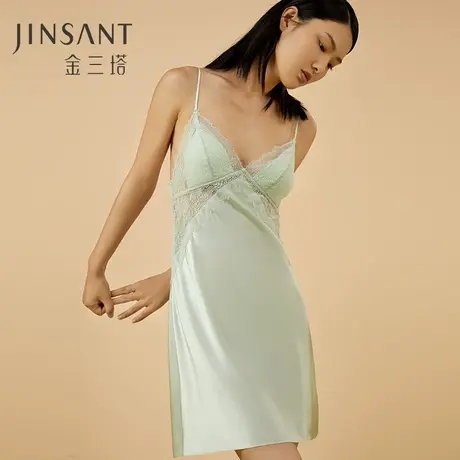 金三塔100%桑蚕丝真丝拼蕾丝带胸垫免穿文胸时尚吊带裙女23年新品图片